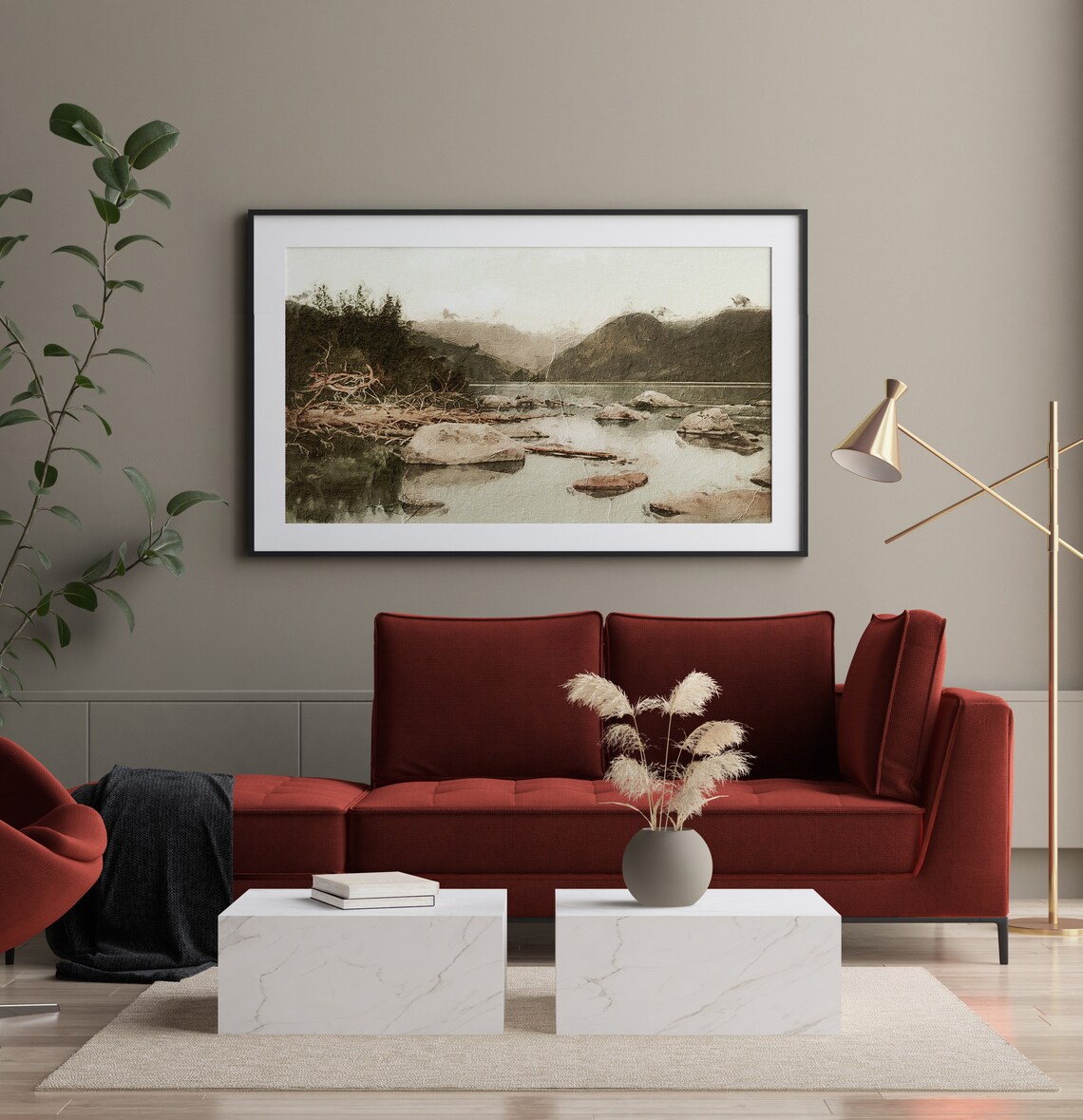 Muted Vintage Lake Mountain Rocky Shore Landscape Painting Art Print - Image 2