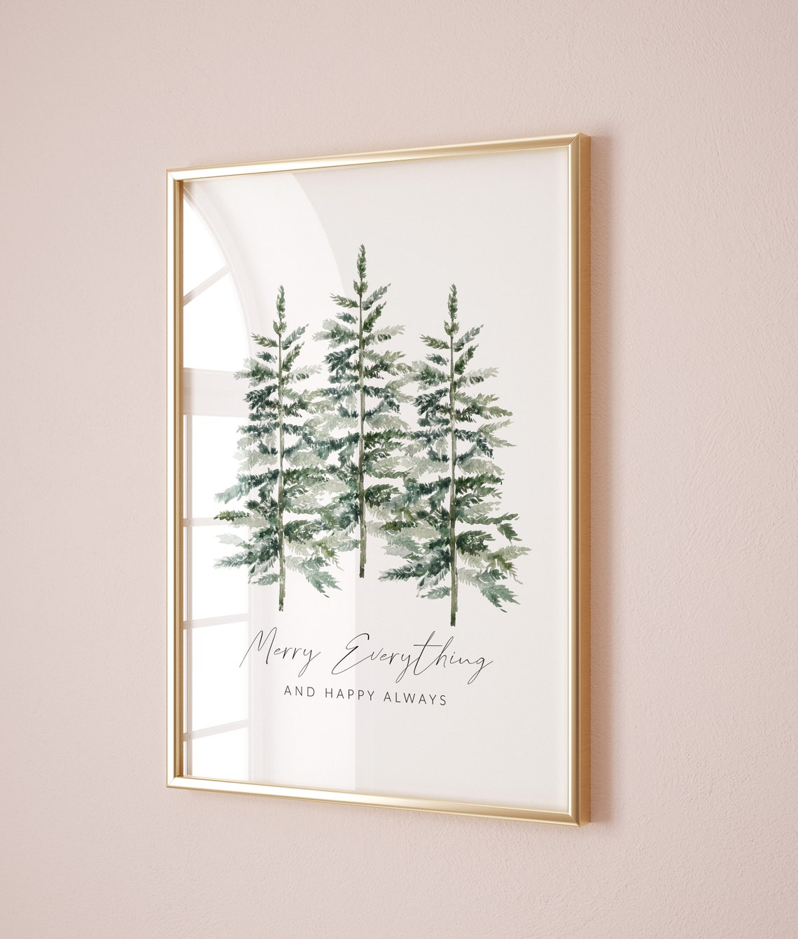 Merry Everything Happy Always Watercolor Pine Tree Christmas Wall Art