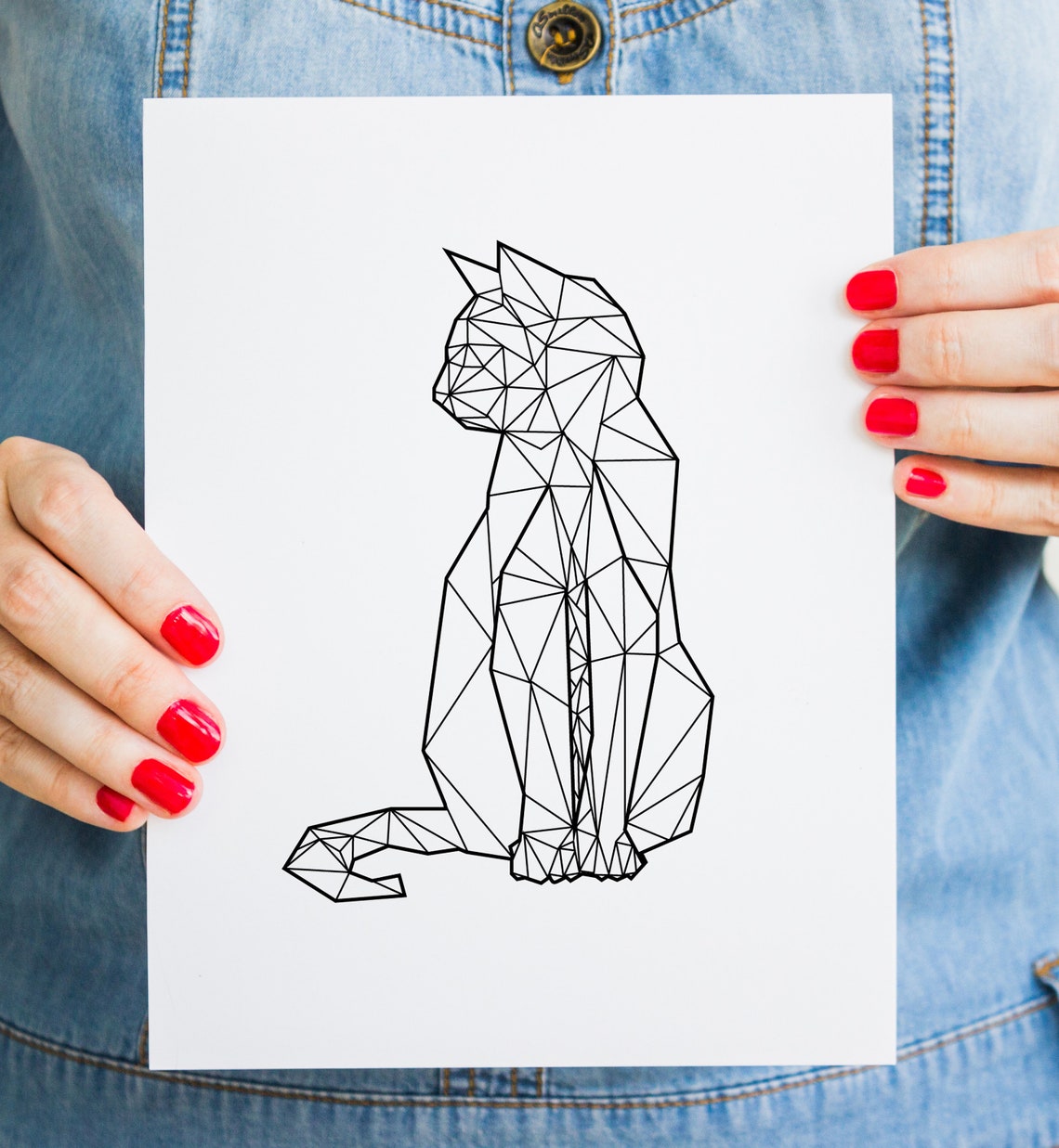 Geometric Cat Line Art Low Poly Sitting Cat Modern Decor Poster