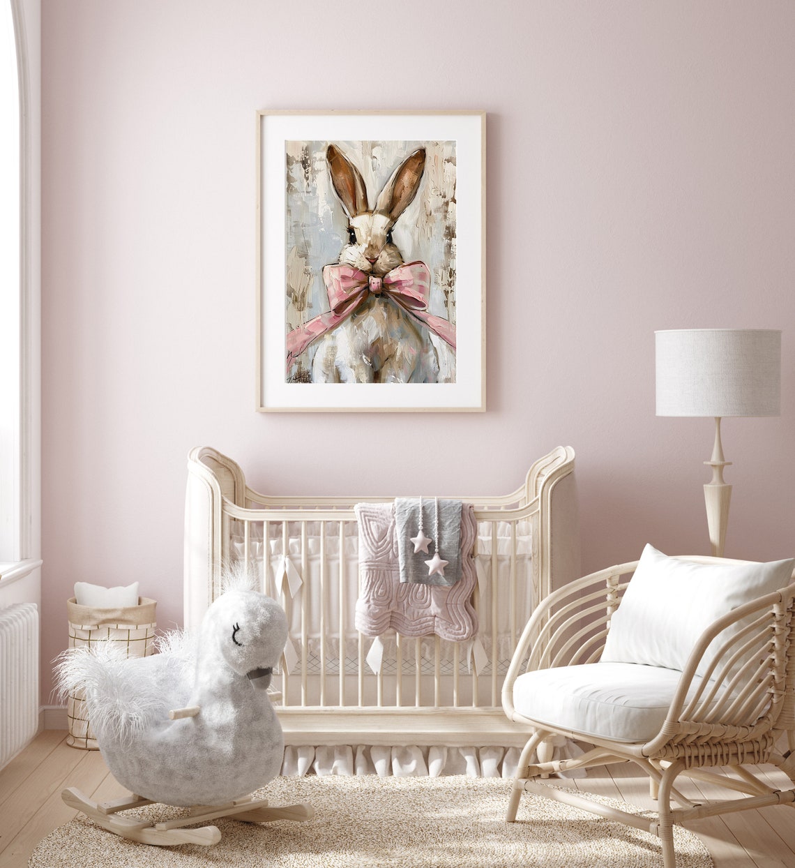 Bunny Rabbit With Pink Bow Soft Brushstroke Painting Art Print - Image 2