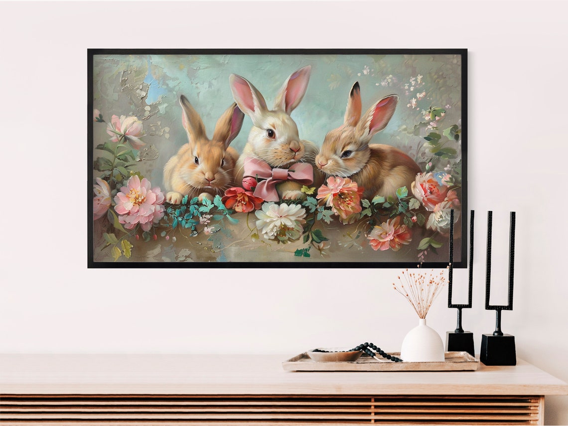 Three Spring Bunnies with Pink Bow Cute Easter Painting Poster - Image 2