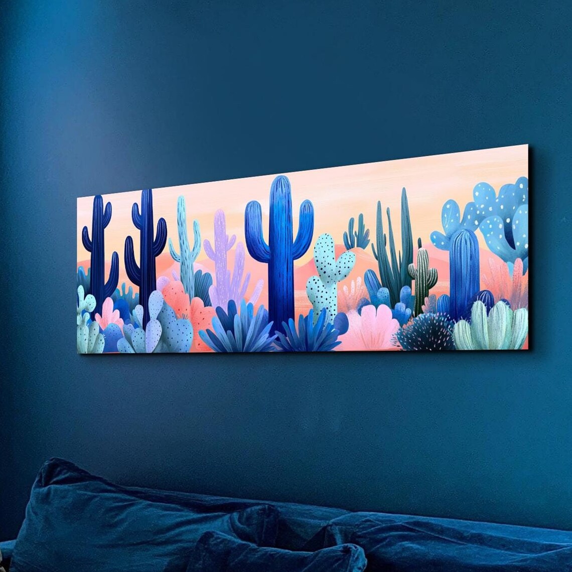 Colorful Blue Cactus Desert Illustration Sunset Sky Art Poster