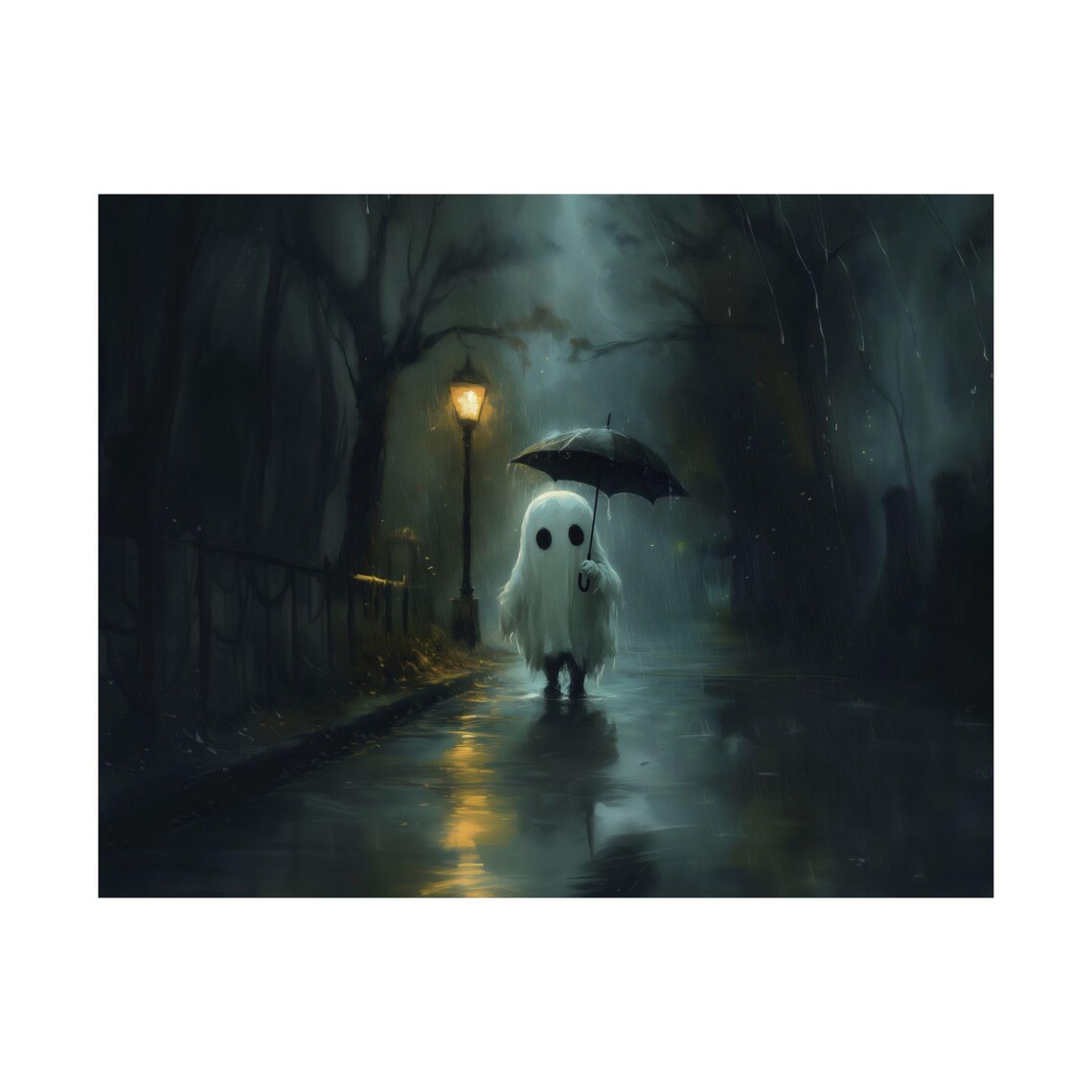 Ghost Umbrella Rain Poster, Gothic Modern Halloween Art - Image 3
