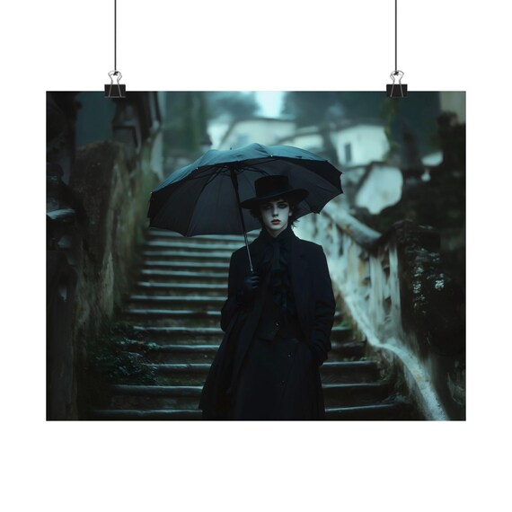 Gothic Figure with Umbrella on Ancient Stone Stairs Dark Victorian Poster