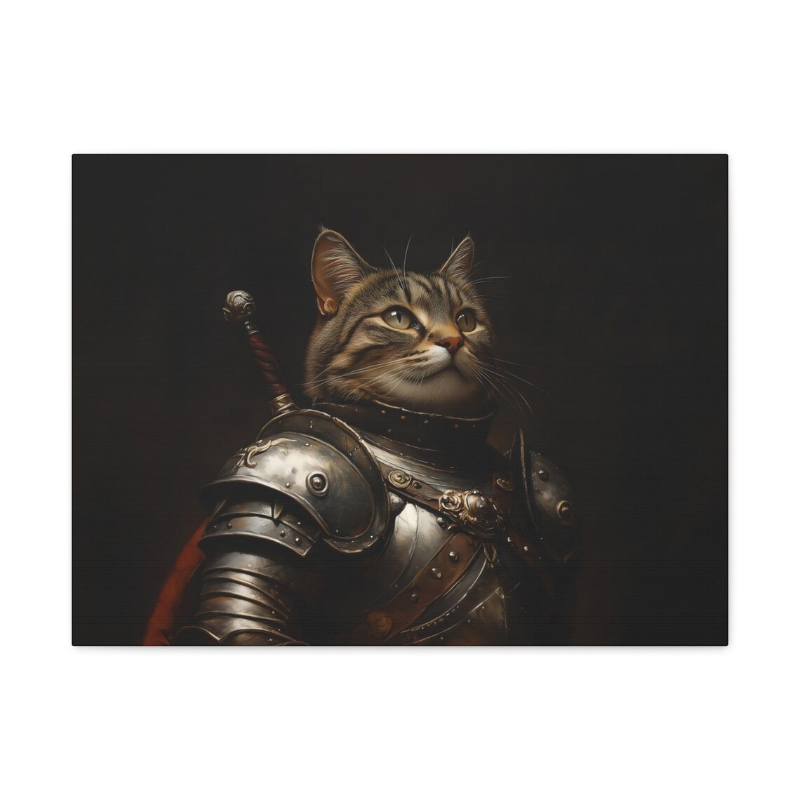 Tabby Cat Knight In Steel Armor With Sword Hilt Dark Portrait Poster - Image 3
