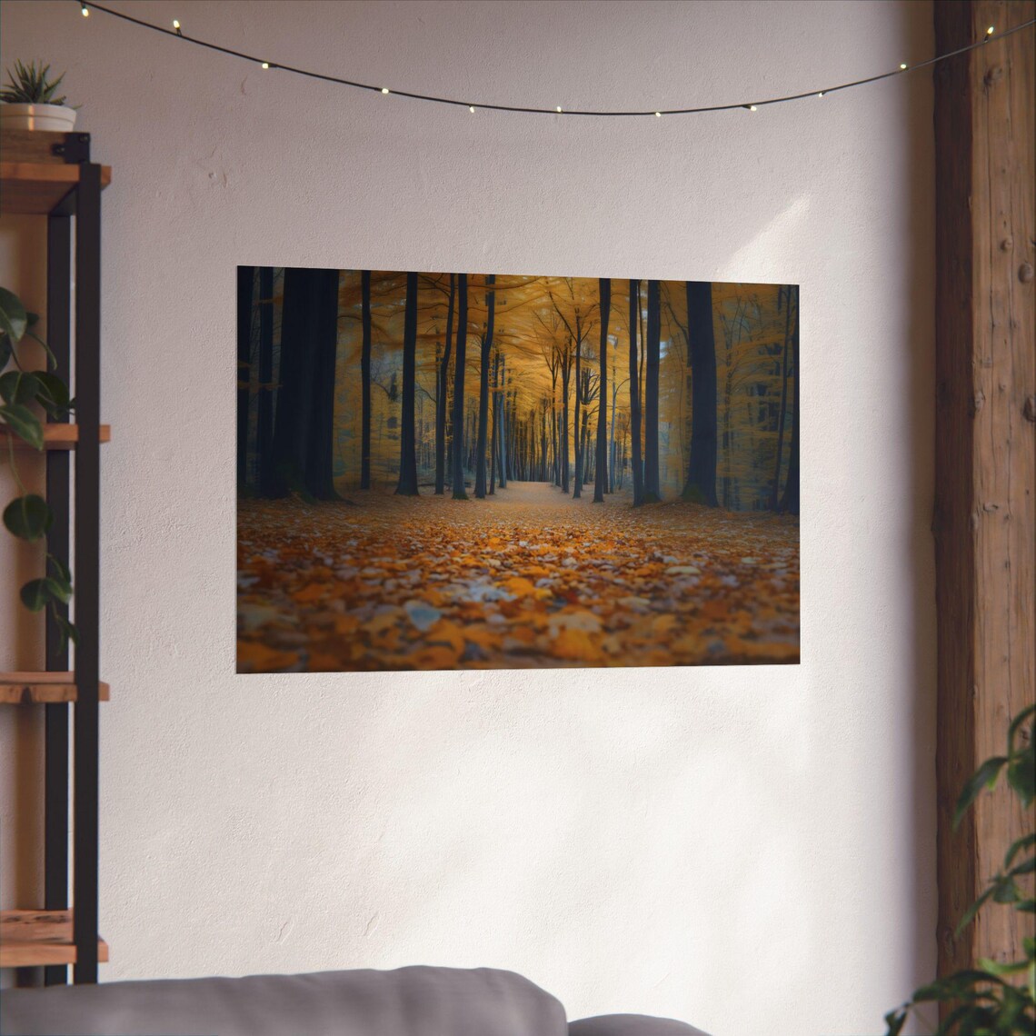 Golden Autumn Woodland Path Fallen Leaves Moody Forest Poster - Image 2