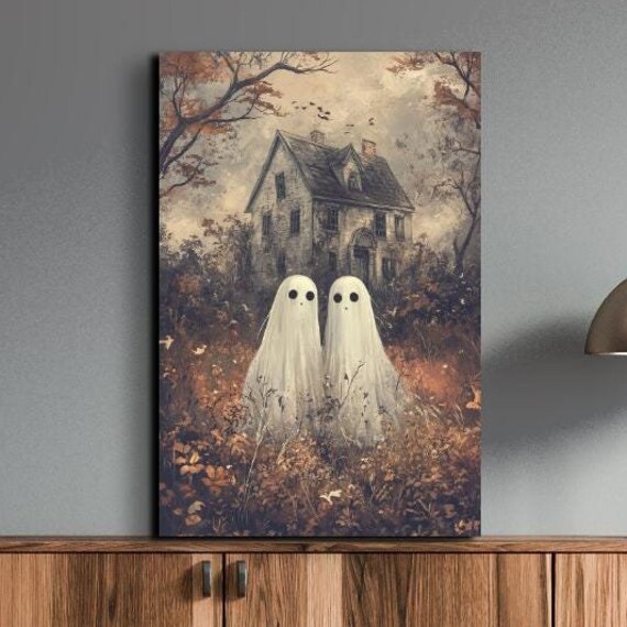 Two Ghost Friends Moody Haunted House Vintage Halloween Poster