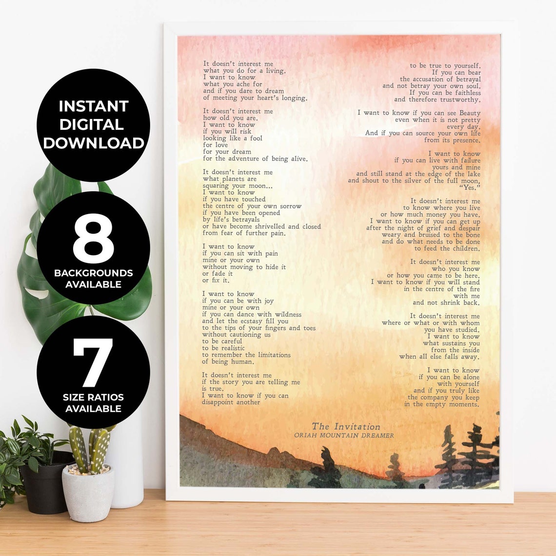 The Invitation Oriah Mountain Dreamer Poem Sunset Watercolor Poster