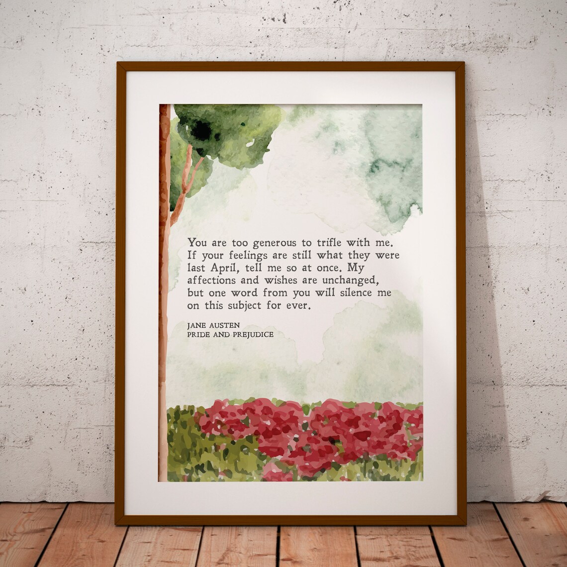 Pride and Prejudice Jane Austen Quote Watercolor Poppy Field Literary Poster