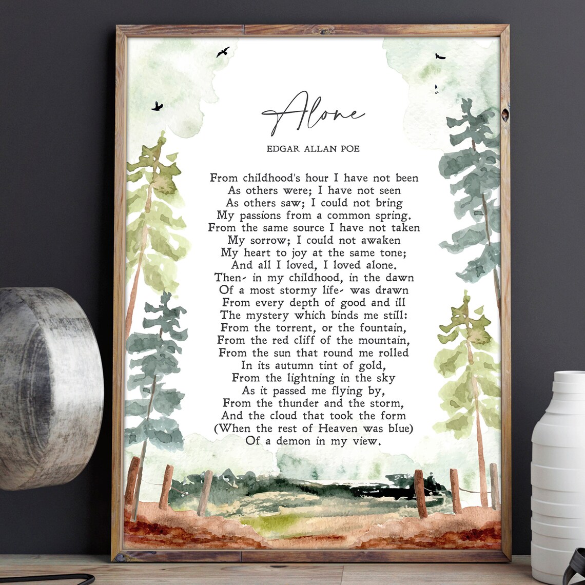 Edgar Allan Poe Alone Poem Watercolor Trees Minimalist Poster - Image 2