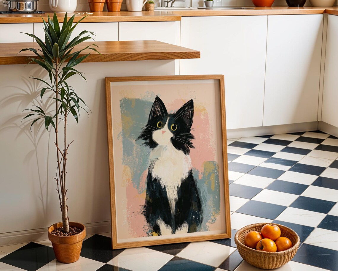 Black and White Cat Whimsical Tuxedo Art Print