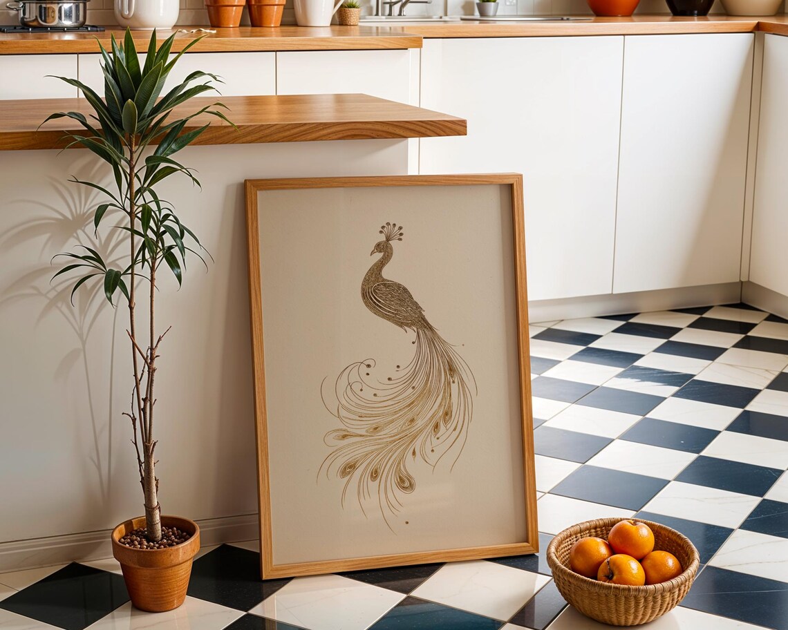 Minimalist Peacock Line Art Print, Modern Boho Poster