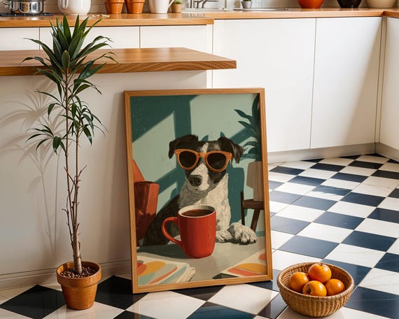 Coffee Dog Art Print Cool With Sunglasses Wall Funny Lover Dcor Whimsical Illustration Retro Caf Style Artwork