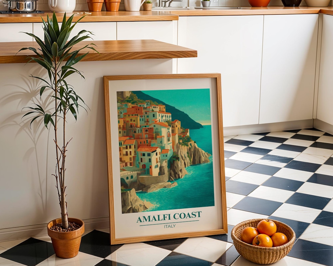 Amalfi Coast Italy Vintage Travel Poster Cliff Village Decor
