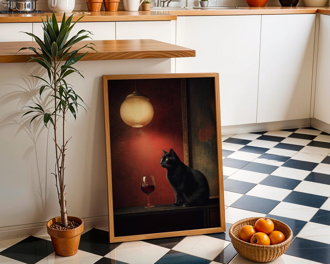 Black Cat Globe Lamp Wine Glass Deep Red Moody Painting Wall Art