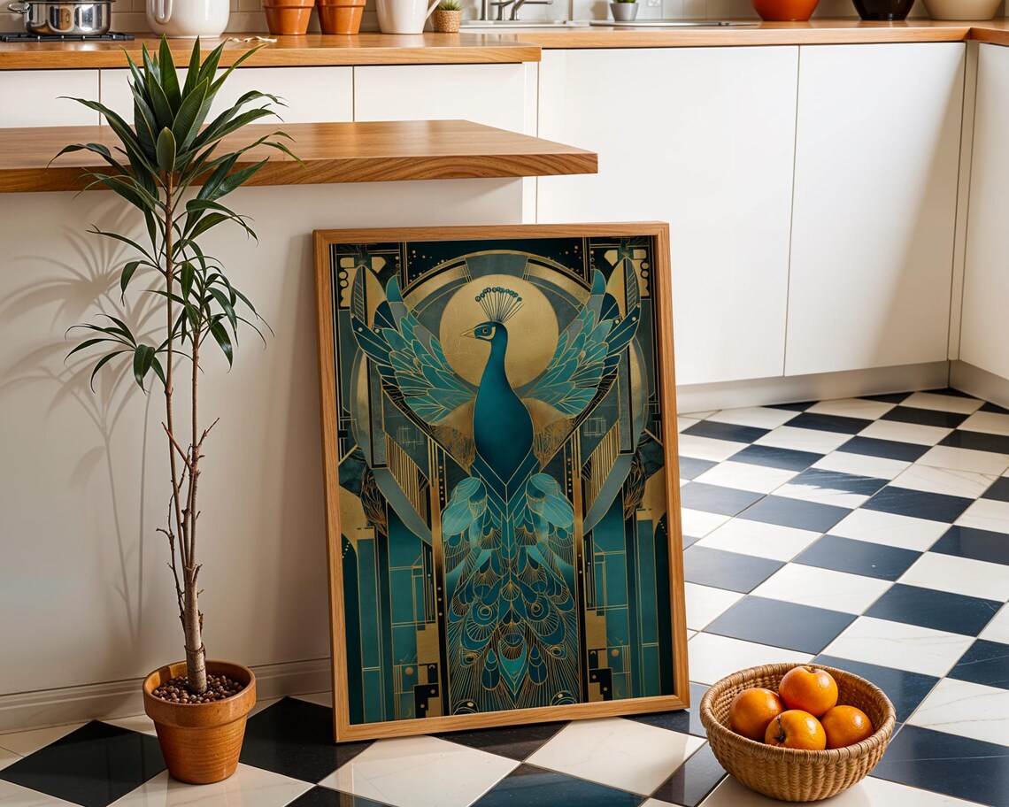 Art Deco Peacock Wall Art Print, Vintage Glam
