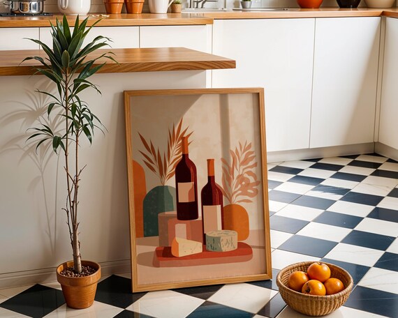 Wine Bottles And Cheese Still Life Abstract Warm Kitchen Poster
