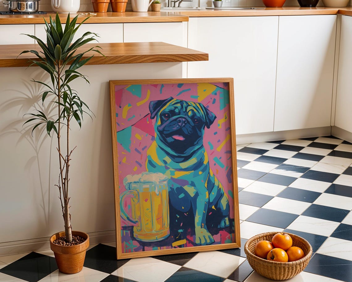 Party Pug Beer Mug Funny Colorful Pop Art Dog Lover Bar Decor Poster