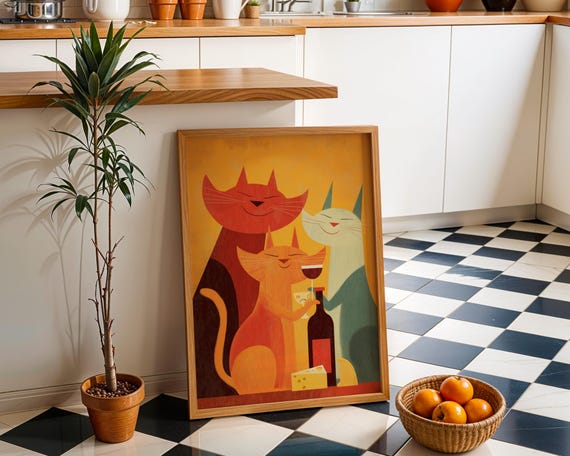 Mid Century Modern Cat Art Print Retro Cats Drinking Wine Poster Vintage Wall Colourful Abstract Feline Illustration