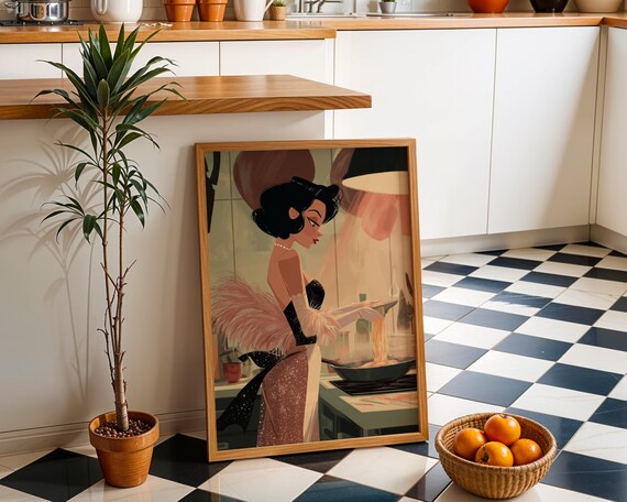 Glamorous Showgirl Cooking Retro Pink Gown Kitchen Art Print