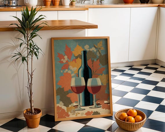 Autumn Wine Bottle Print Rustic Fall Floral Kitchen Wall Art Poster