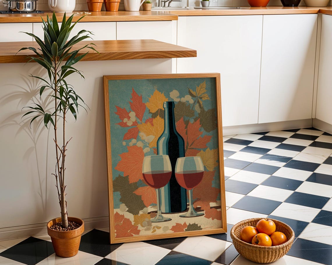 Autumn Wine Bottle Print Rustic Fall Floral Kitchen Wall Art Poster