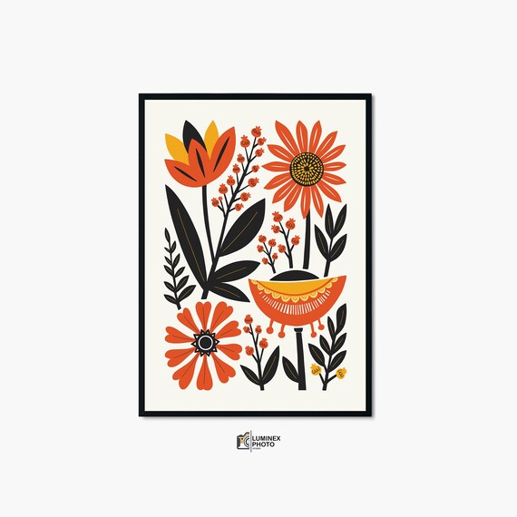 Nordic Folk Art Orange Wildflowers Vase Botanical Vintage Poster