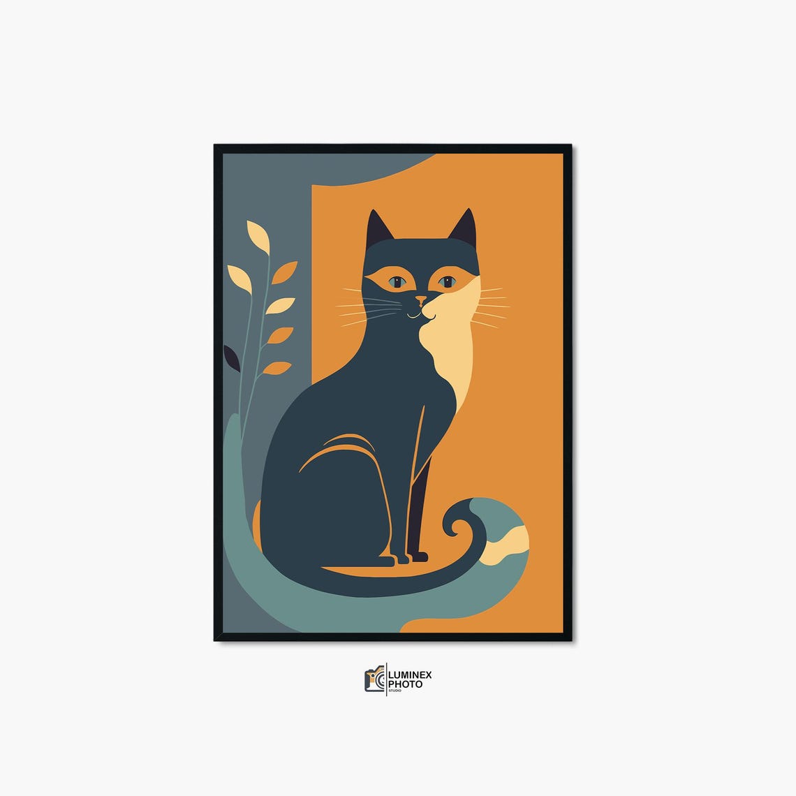 Stylish Black Cat Orange Background Modern Minimalist Wall Art