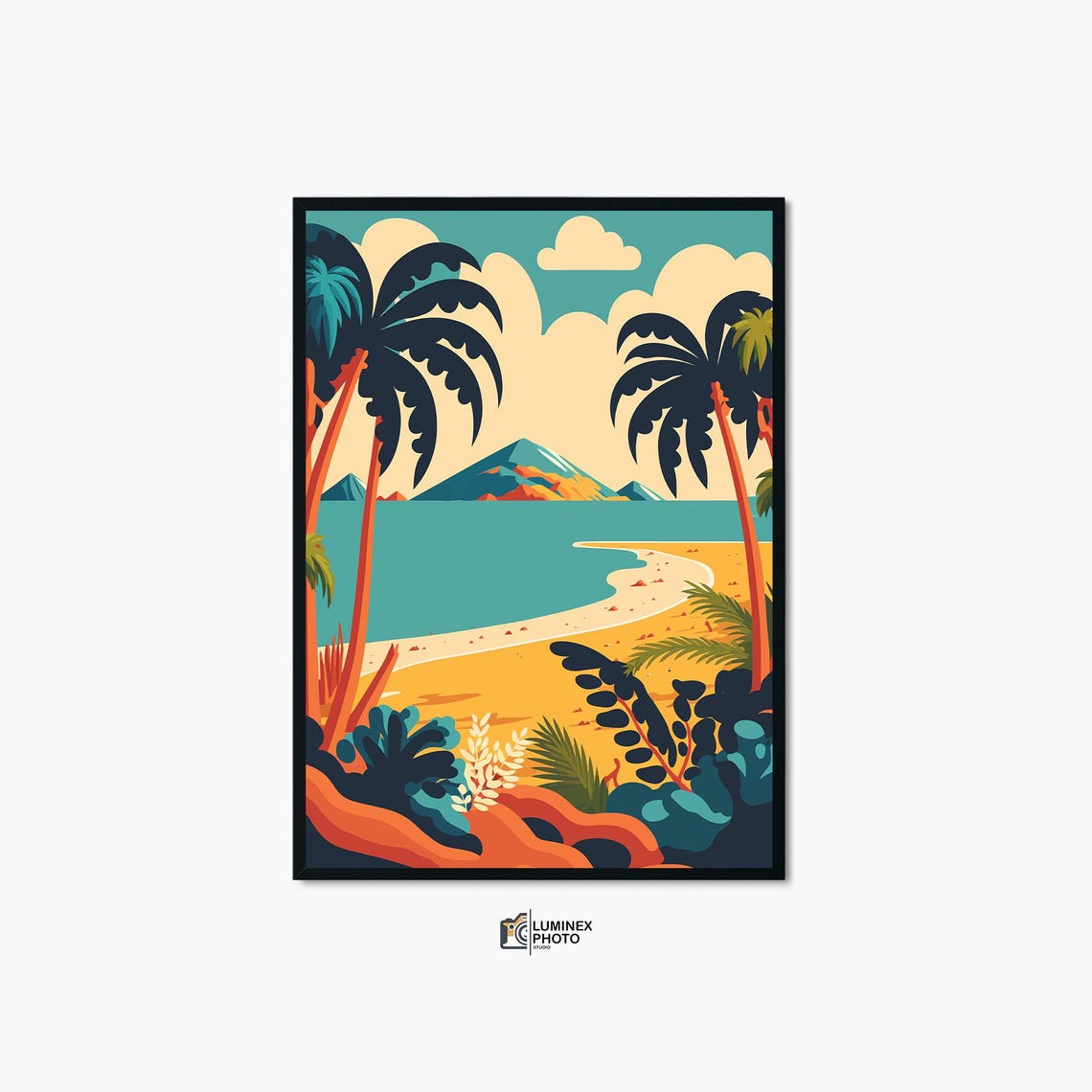 Tropical Beach Bay Palm Trees Ocean View Illustration Art Print
