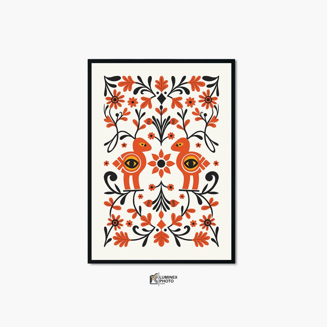 Folk Art Orange Birds Floral Pair Symmetric Botanical Poster