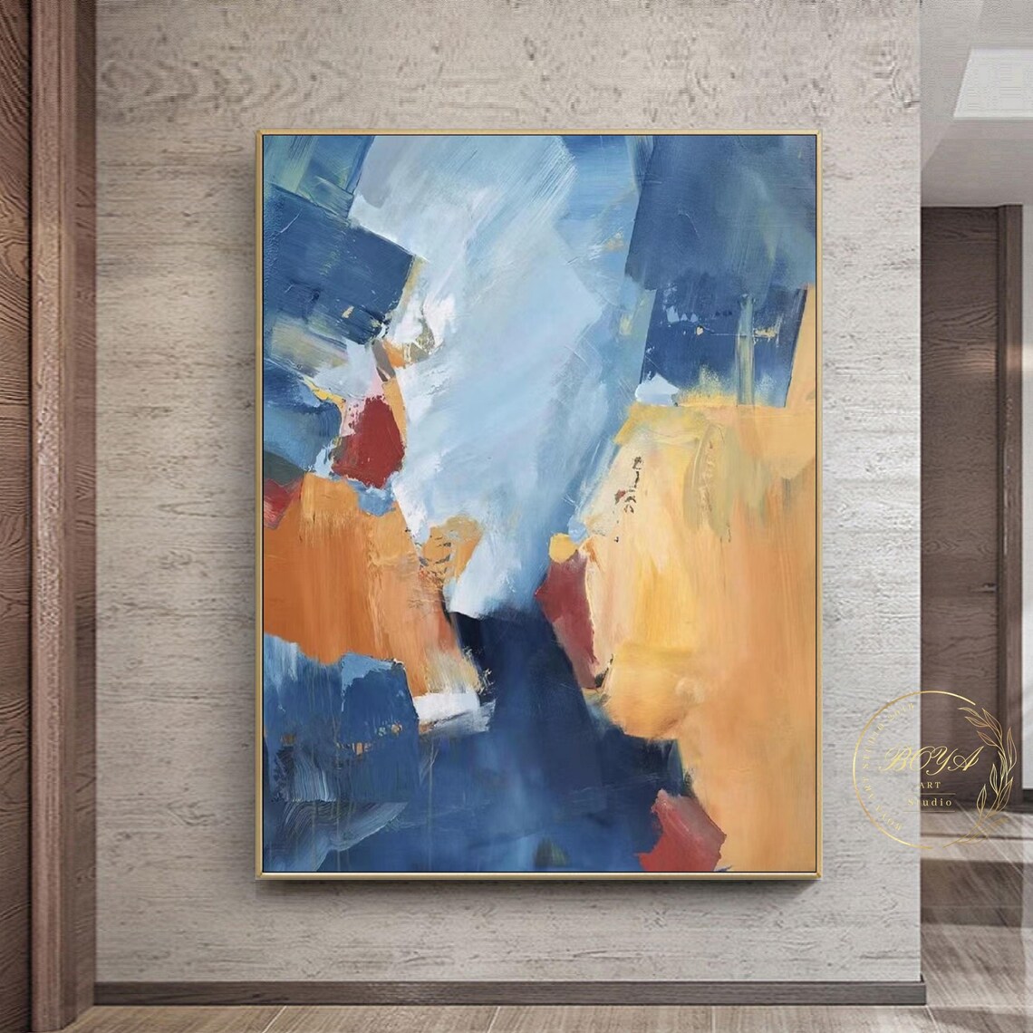 Large Blue Painting Original Yellow Abstract Painting Blue Abstract Art Orange Wall Art Minimalist Abstract Painting Modern Wall Art