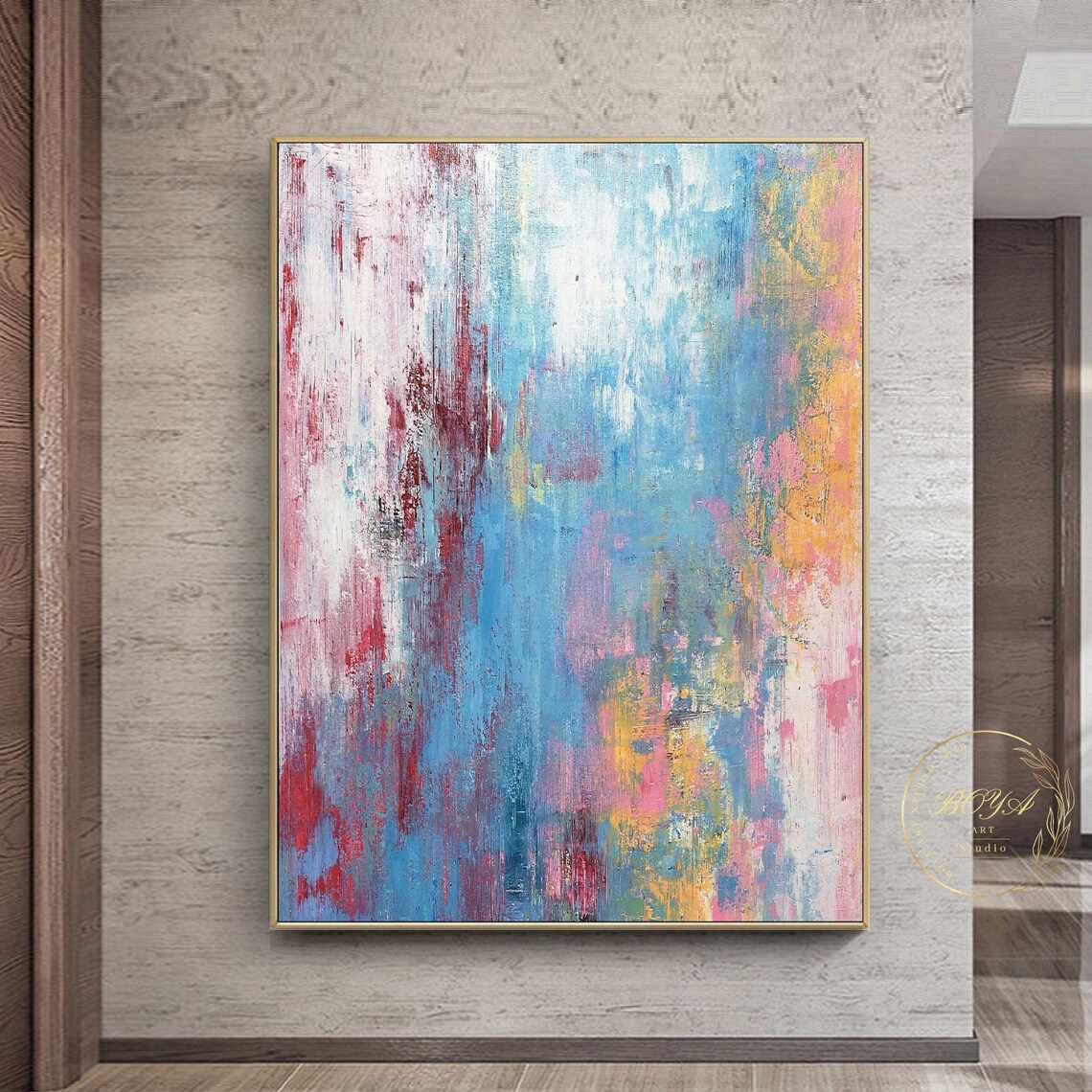 Light Blue Pink and Gold Loose Brushstroke Airy Abstract Poster