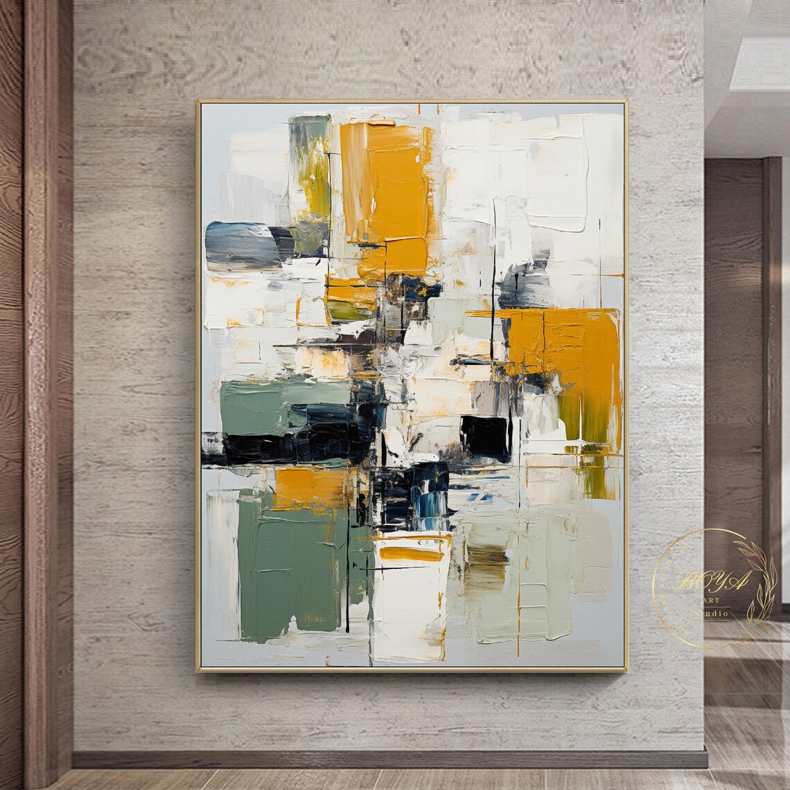 Mustard Sage Black Geometric Blocks Abstract Painting Art Poster