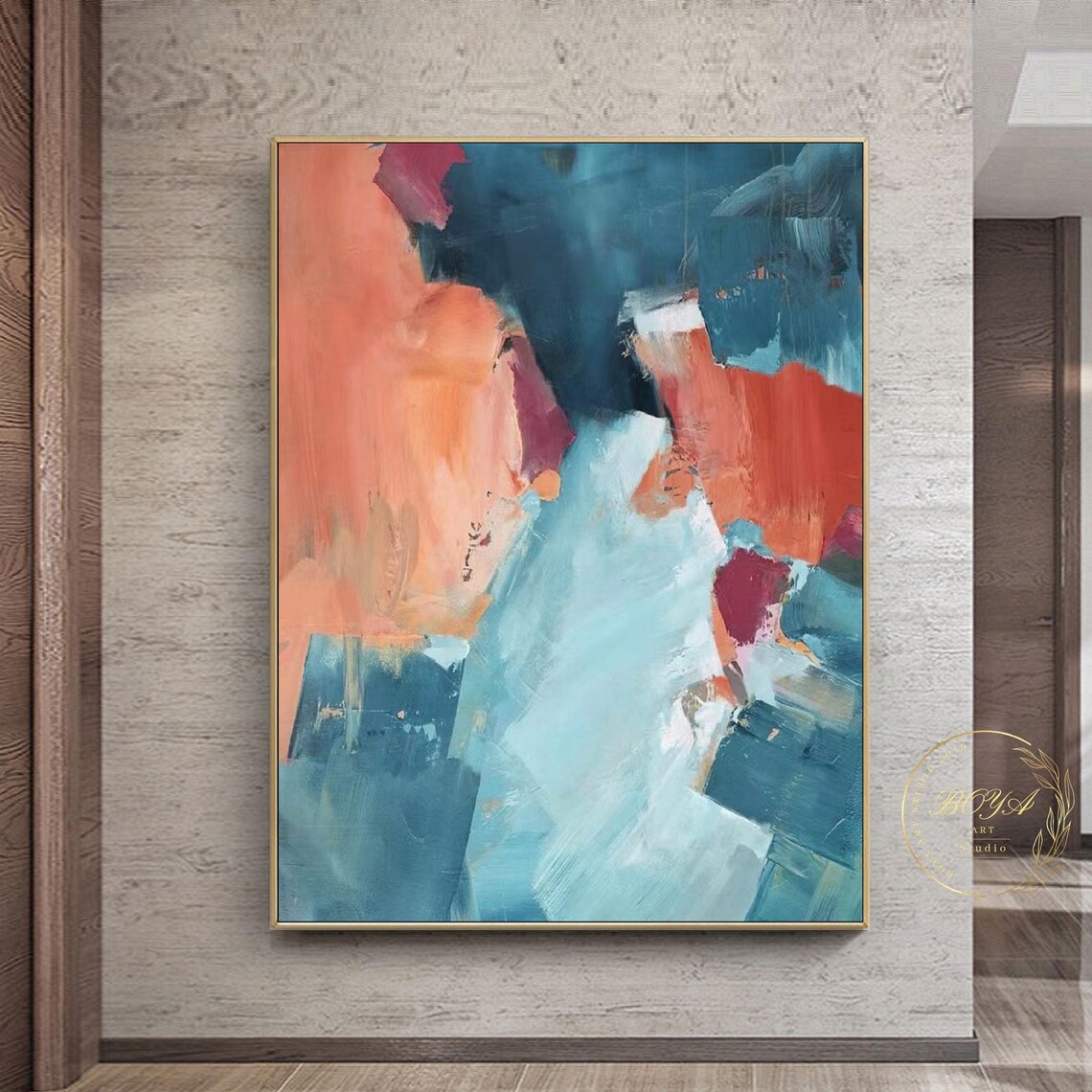 Peacock Blue and Orange Abstract Wall Art Print