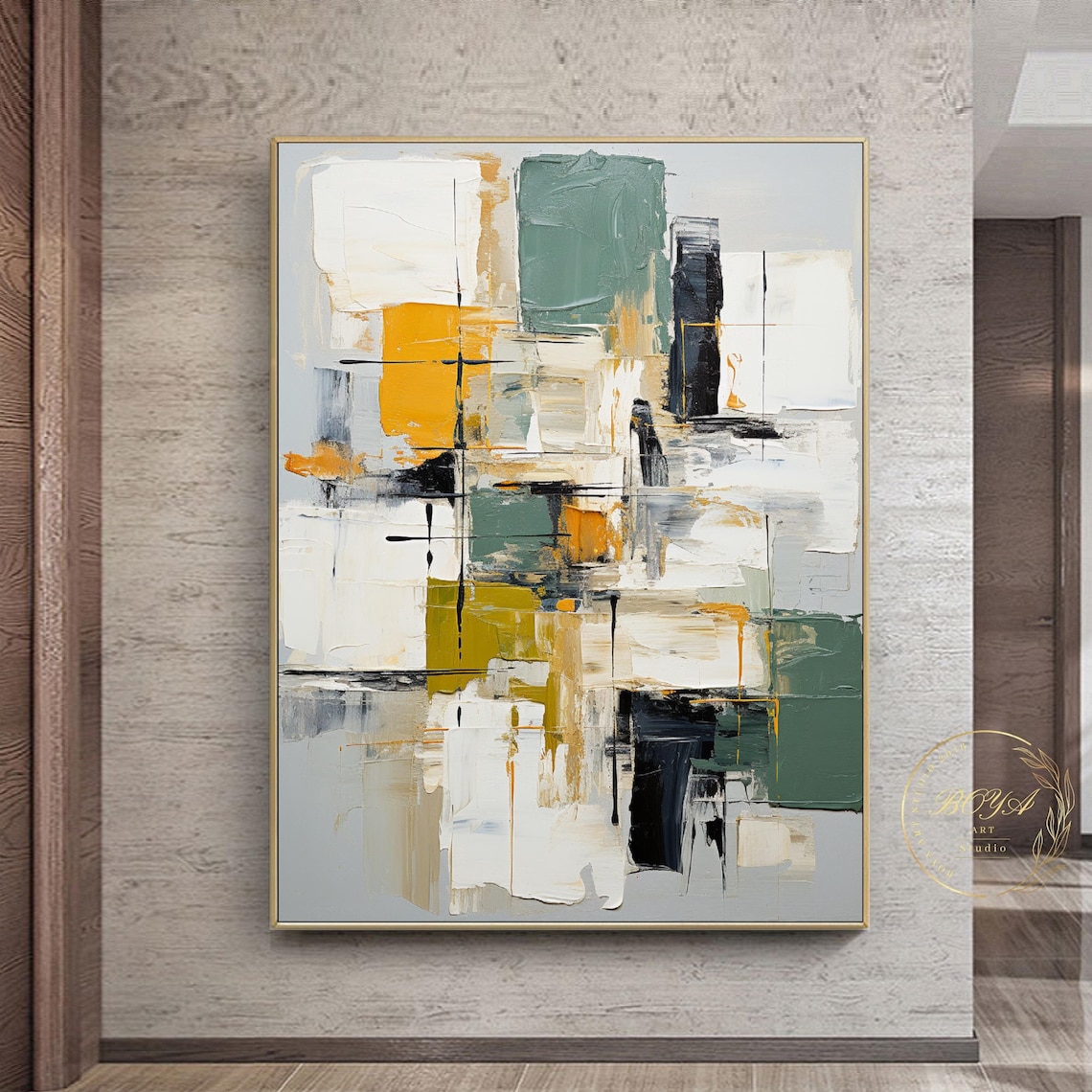 White Sage Mustard Black Modern Geometric Abstract Painting Poster