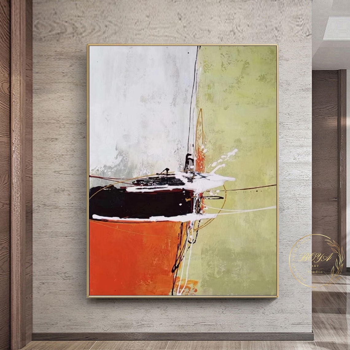 Original Green Abstract Painting Large Green Painting Orange Oil Painting Minimalist White Wall Art Geometric Painting Modern Wall Painting