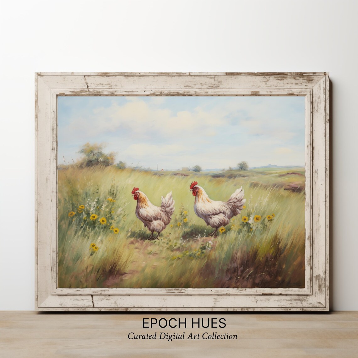 Two White Roosters in Field Yellow Wildflowers Country Poster - Image 2