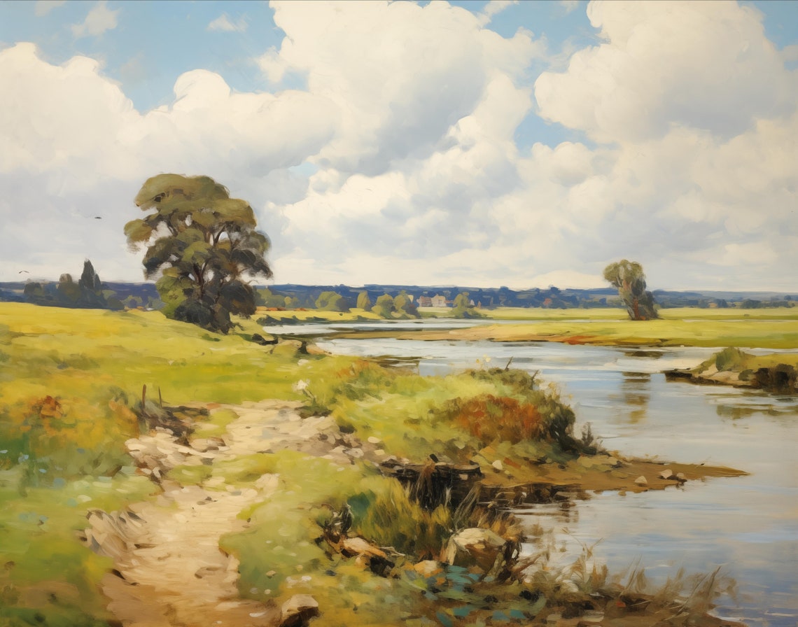 Rustic Landscape Painting Countryside Scenery Art Wall Decor Nature Scene With Trees And Clouds - Image 2