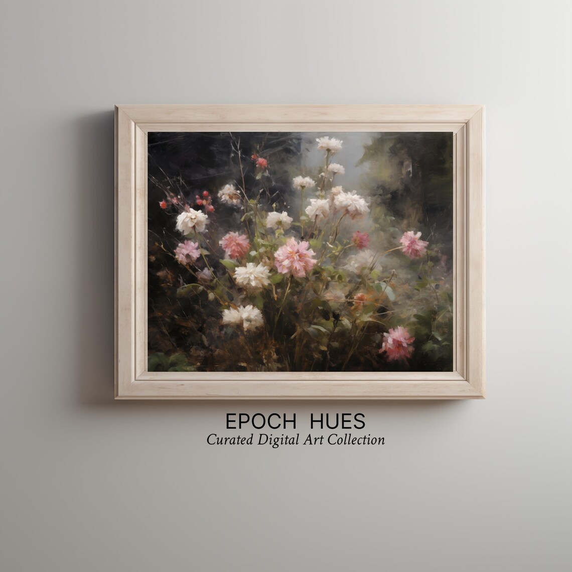 White and Pink Dahlias in Misty Dark Garden Floral Painting Poster - Image 2