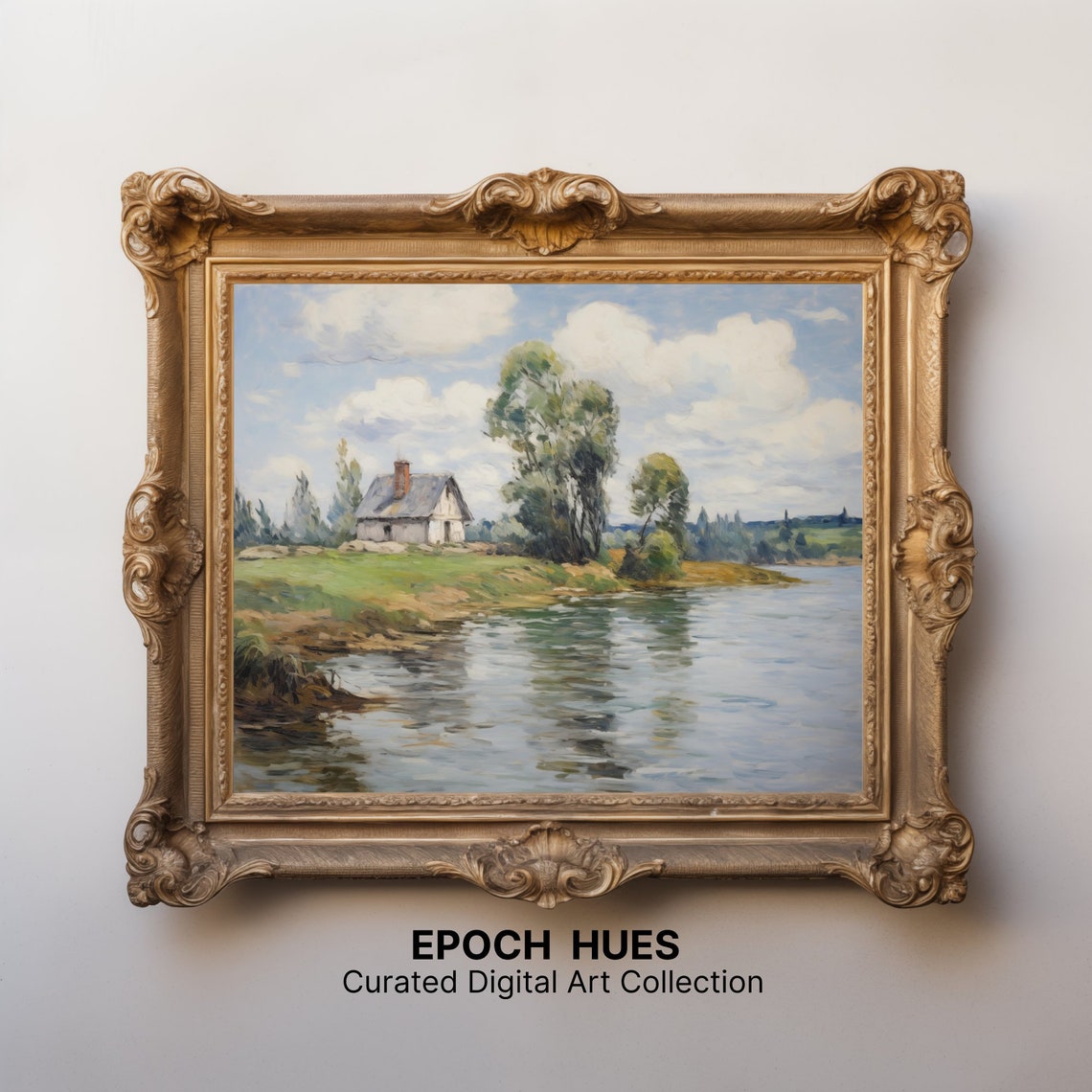 Impressionist Landscape Painting Riverside Cottage Art Wall Decor Scenic Nature - Image 2