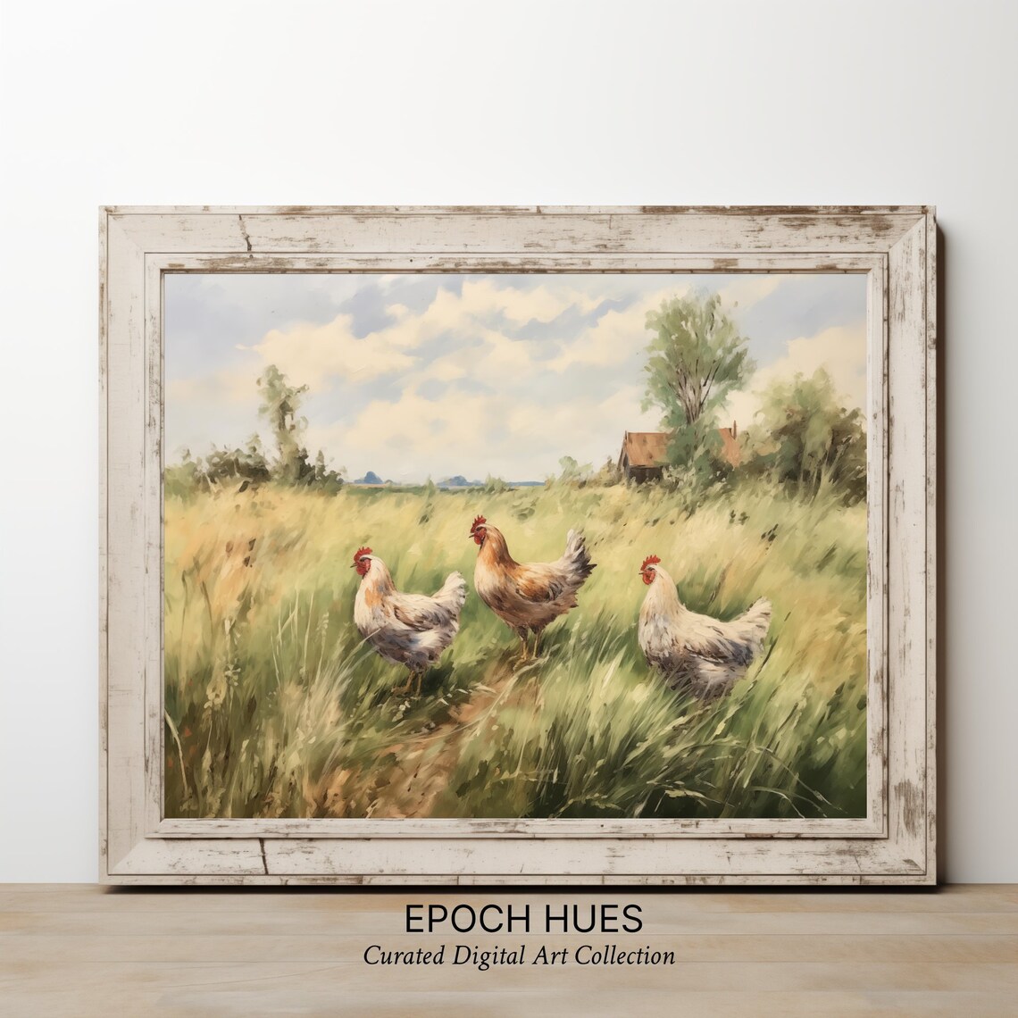 Three Hens in Tall Meadow Grass Country Farm Painting Poster