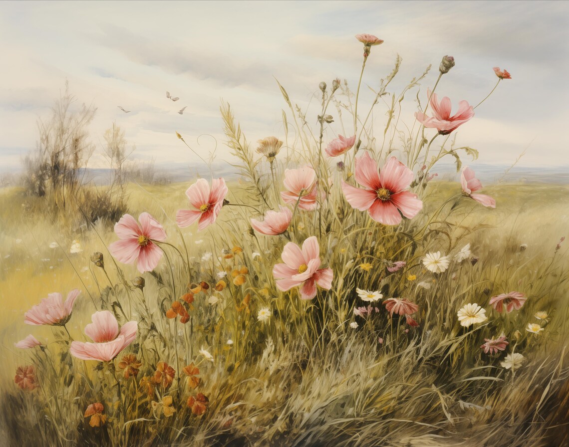 Pastel Pink Cosmos Flowers Blooming Wildflower Meadow Art Poster - Image 2