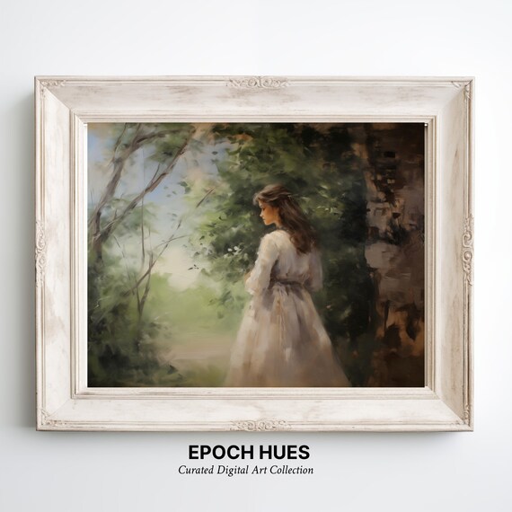 Woman In White Dress By Old Stone Wall In Countryside Vintage Poster