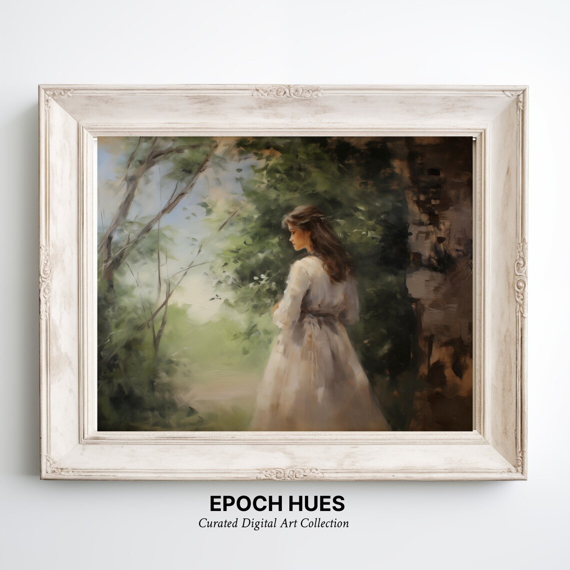 Woman In White Dress By Old Stone Wall In Countryside Vintage Poster