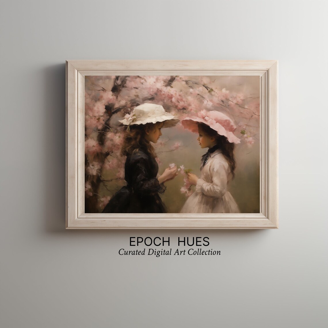 Two Girls in Bonnets Among Cherry Blossoms Spring Painting Poster - Image 2