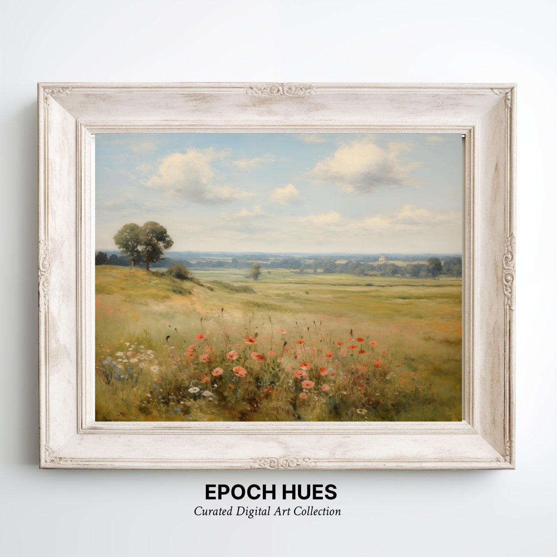 Rustic Landscape Painting Instant Serene Nature Scenery Countryside Artwork Field With Poppies - Image 3