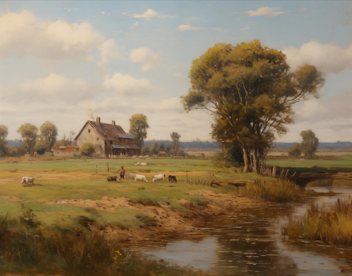 Rustic Farmhouse With Barn and Cattle Country Landscape Oil Poster - Image 2