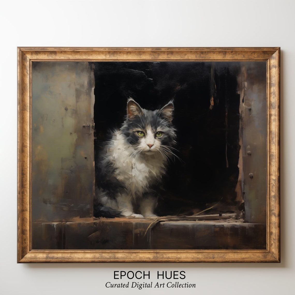 Fluffy Long Haired Cat Portrait in Rustic Dark Doorway Poster - Image 3