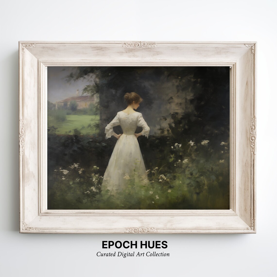 White Gown Woman Dark Foliage Moonlit Night Garden Painting Poster - Image 2