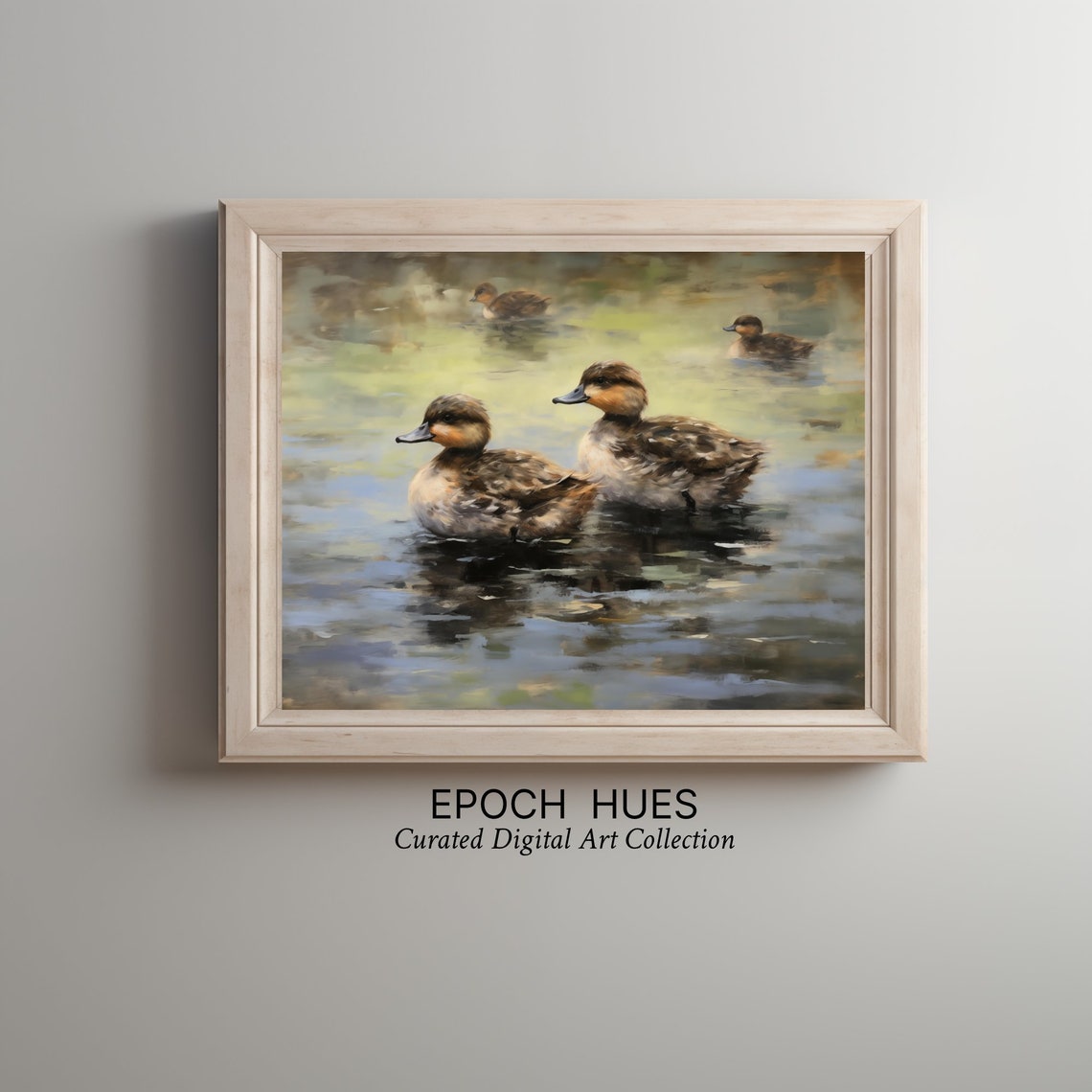 Four Ducks Gliding Across Calm Pond Soft Wildlife Painting Poster - Image 2